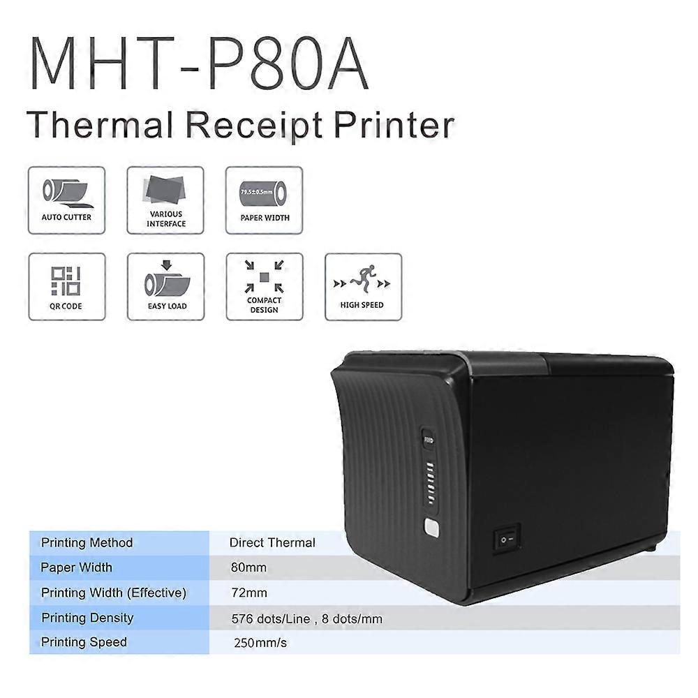 USB Thermal Printer Receipt Printer 250mm/s Printing Speed Max Support 80mm Paper Width Auto Cutter Black UK Plug