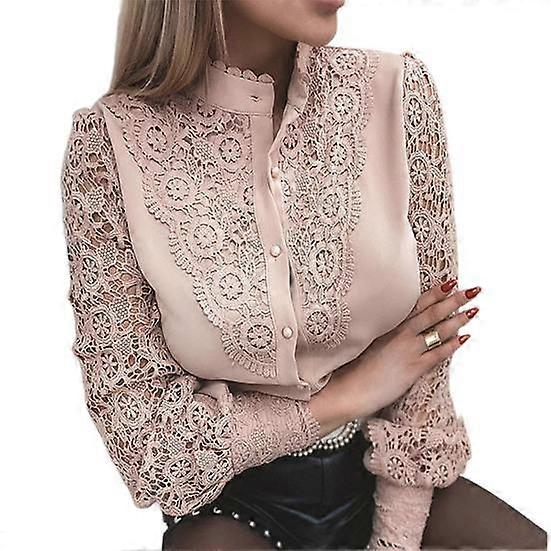 High-Quality Big Size Women Shirt Solid Color Lace Patchwork Spring Summer Stand Collar Office Lady Blouse