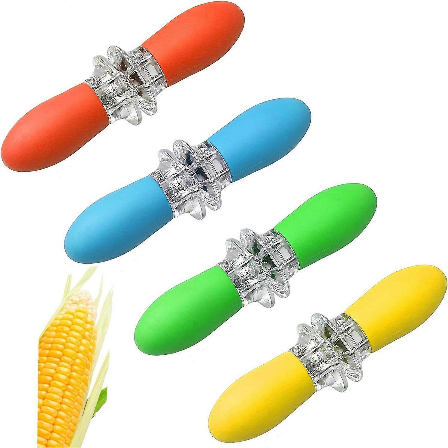 Corn Holders - 4 Pairs (Orange/Yellow/Blue/Green) - Corn Skewers On The Cob - Large Pin Handle - Interlocking Design - Great for Home Cooking, BBQ, Pi