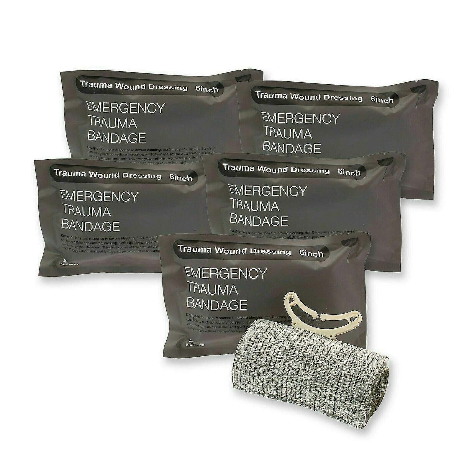 5 Pack Israeli Style Bandage Emergency Trauma Combat Military Style Battle Wound Dressing First Aid IFAK 6"