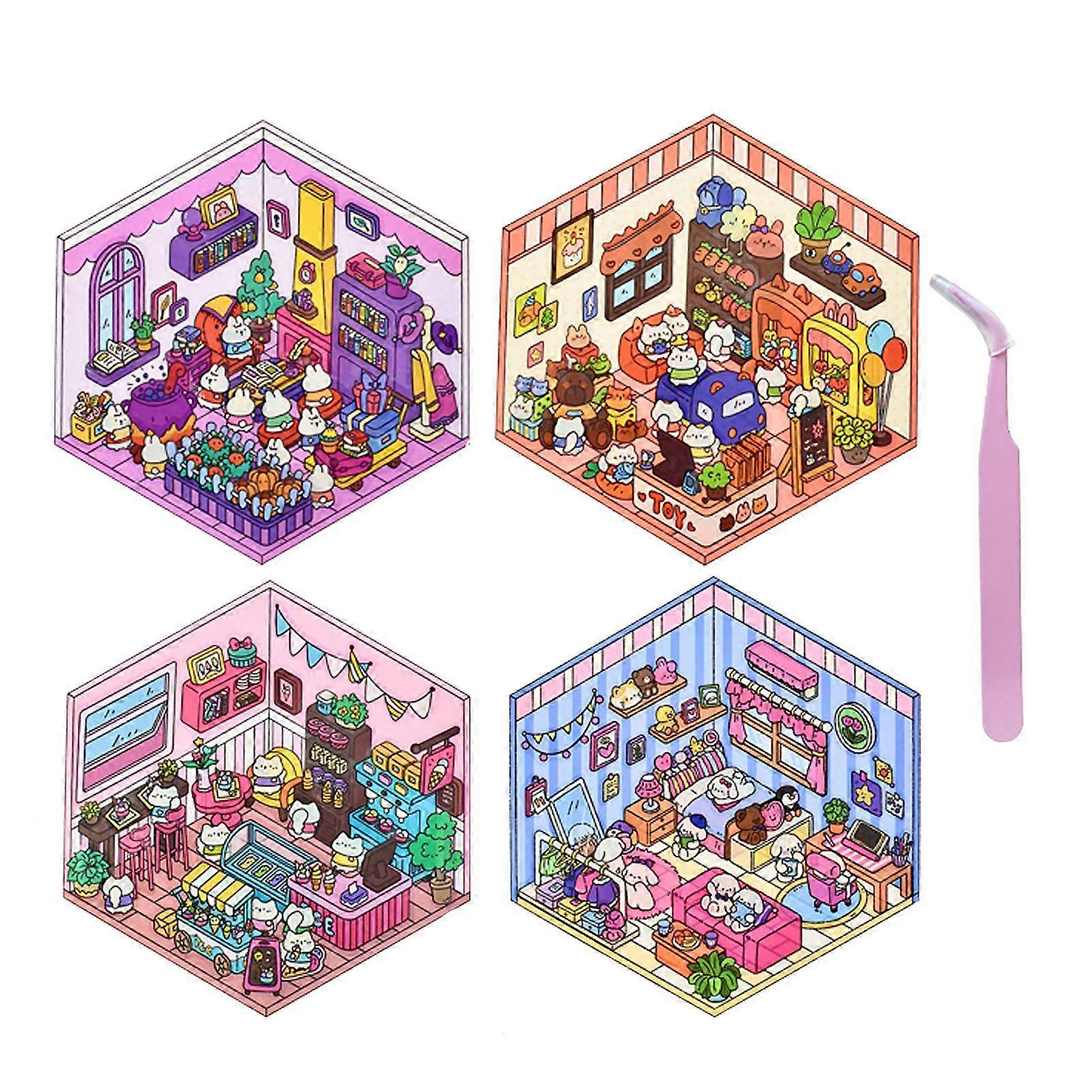 Qinghai 4Pcs/Set DIY 3D Sticker with Tweezers Scene Isometric Miniature Room Sticker Various Patterns Home Office School Decor