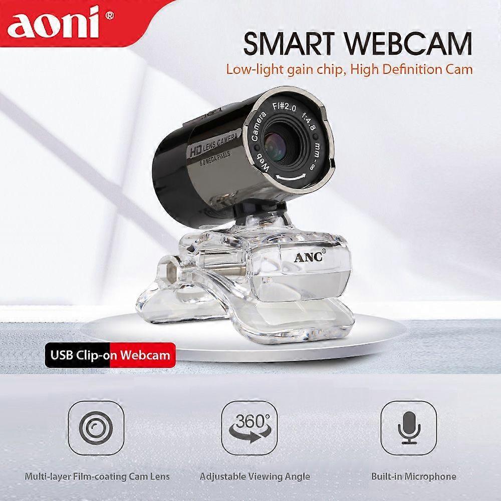 Aoni Webcam High Definition Camera Web Cam Night Vision USB MIC Clip-on for Laptop Desktop Computer Online Course Study Live Video Conference