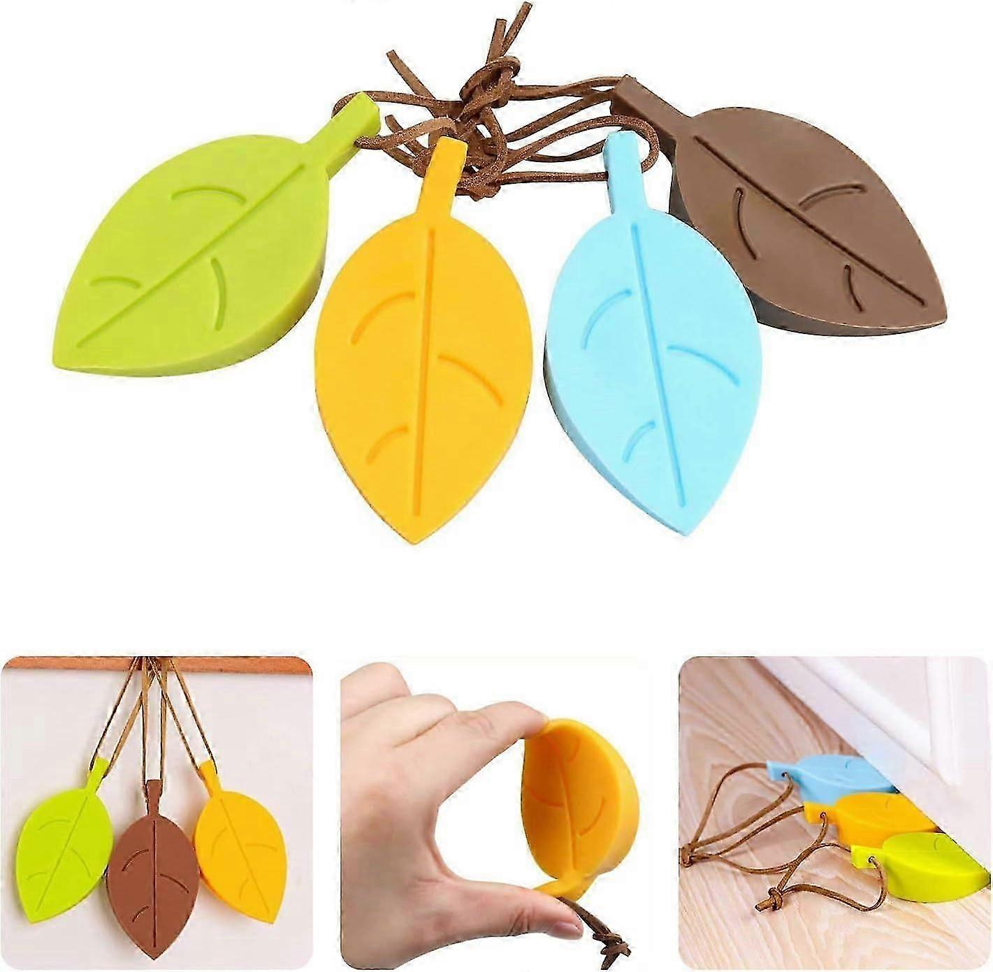 Silicone Door Stopper, 4 Pcs Leaves Cartoon Style Flexible Corner Window/Door Stoppers with Lanyard for Home Office Garden