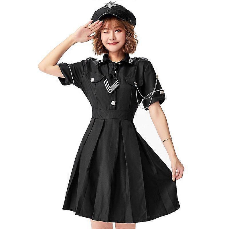 大人のプロの制服コスプレ衣装ハロウィーンの衣装日本の黒半袖パトロール婦人警官のドレス