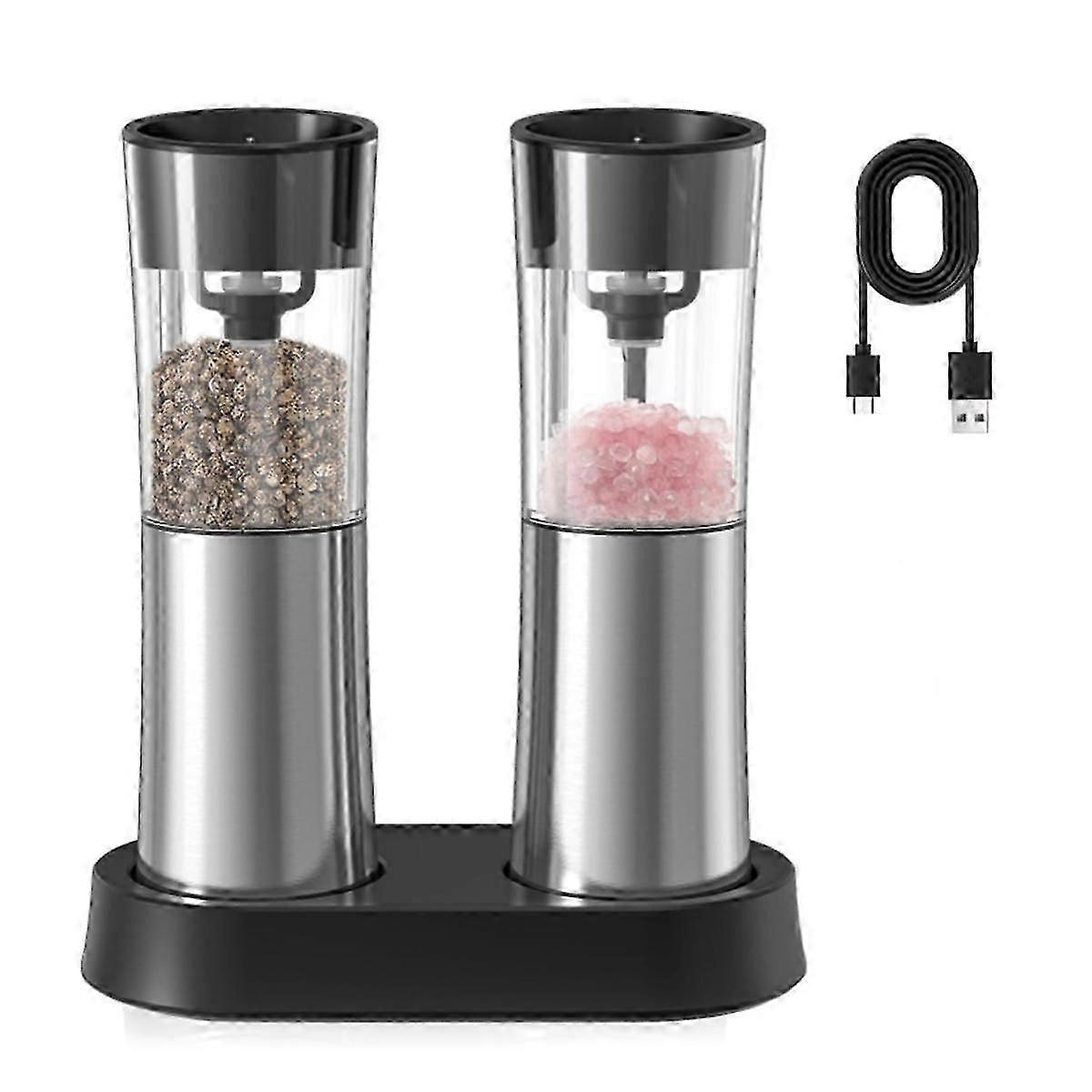 Electric Salt and Pepper Grinder Set Rechargeable Automatic Grinder with Charging Base LED Light, Adjustable Coarseness JN