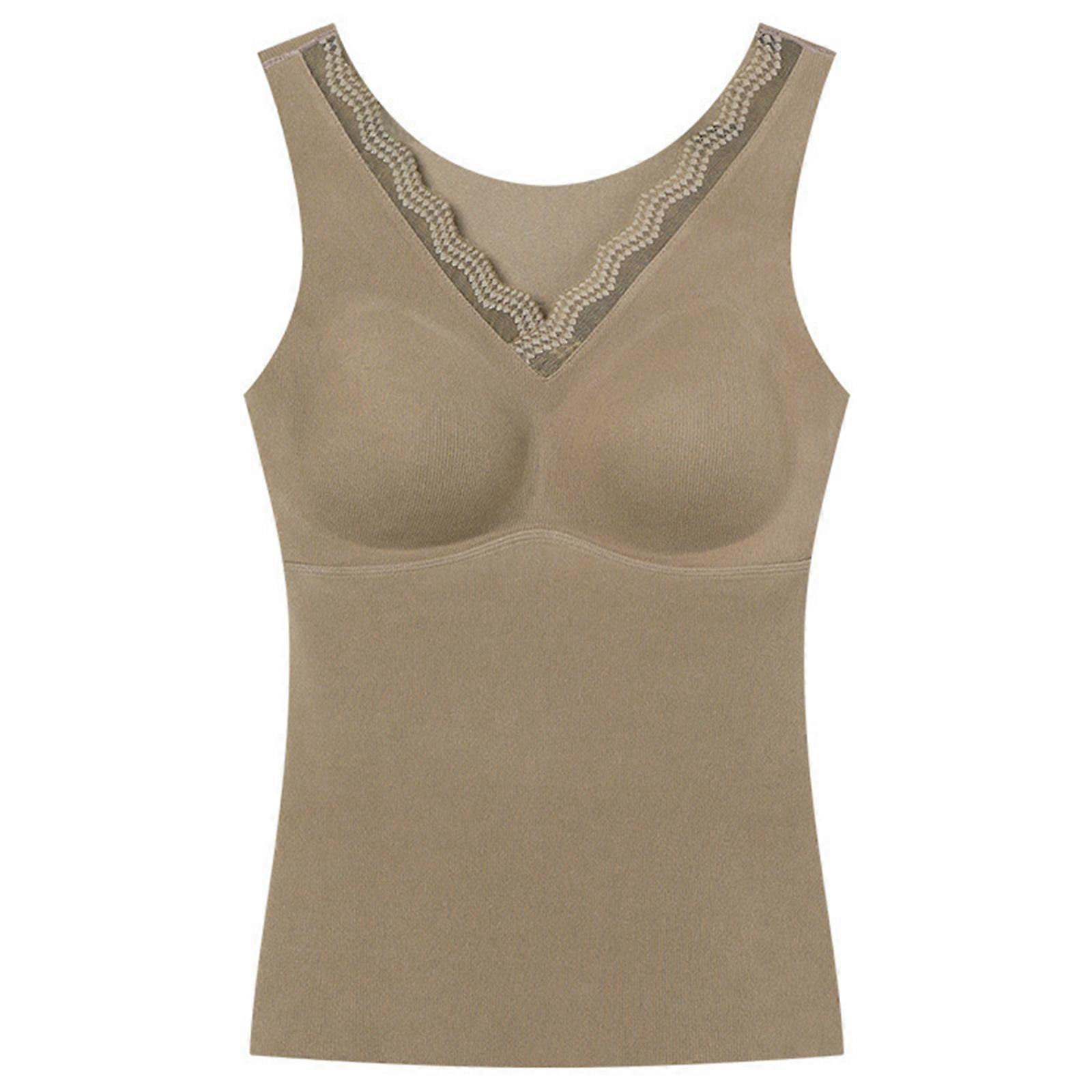 Maglia di base in pizzo senza maniche da donna Camicia calda invernale Biancheria intima imbottita Velluto Thermal Top Canotte foderate in pile con scollo a V Canotte Khaki XL