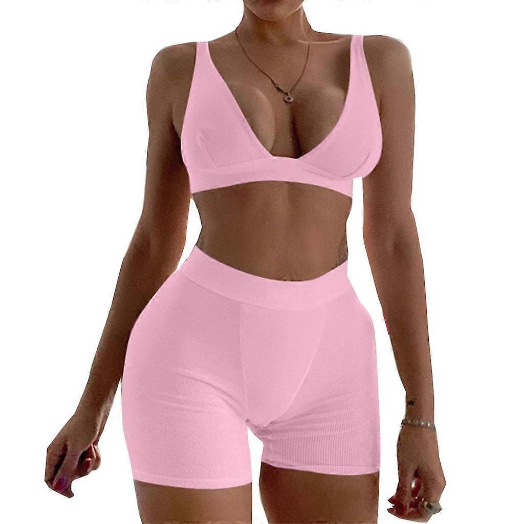 نساء كاجوال 2 قطعة ملابس مجموعة مثير الخامس الرقبة بلا أكمام المحاصيل لأعلى الخزان مع سروال الدراجة النارية لون الصلبة مضلع Bodycon اليوغا الرياضة نشطة بدلة رياضية