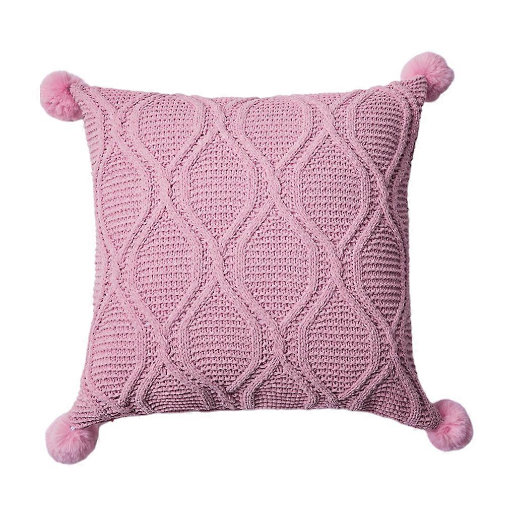 Home Decorative Throw Pillow for Case Soft Luxury Chenille Knitted Plaid Pattern Solid Square Cushion Cover with Tassels Pink