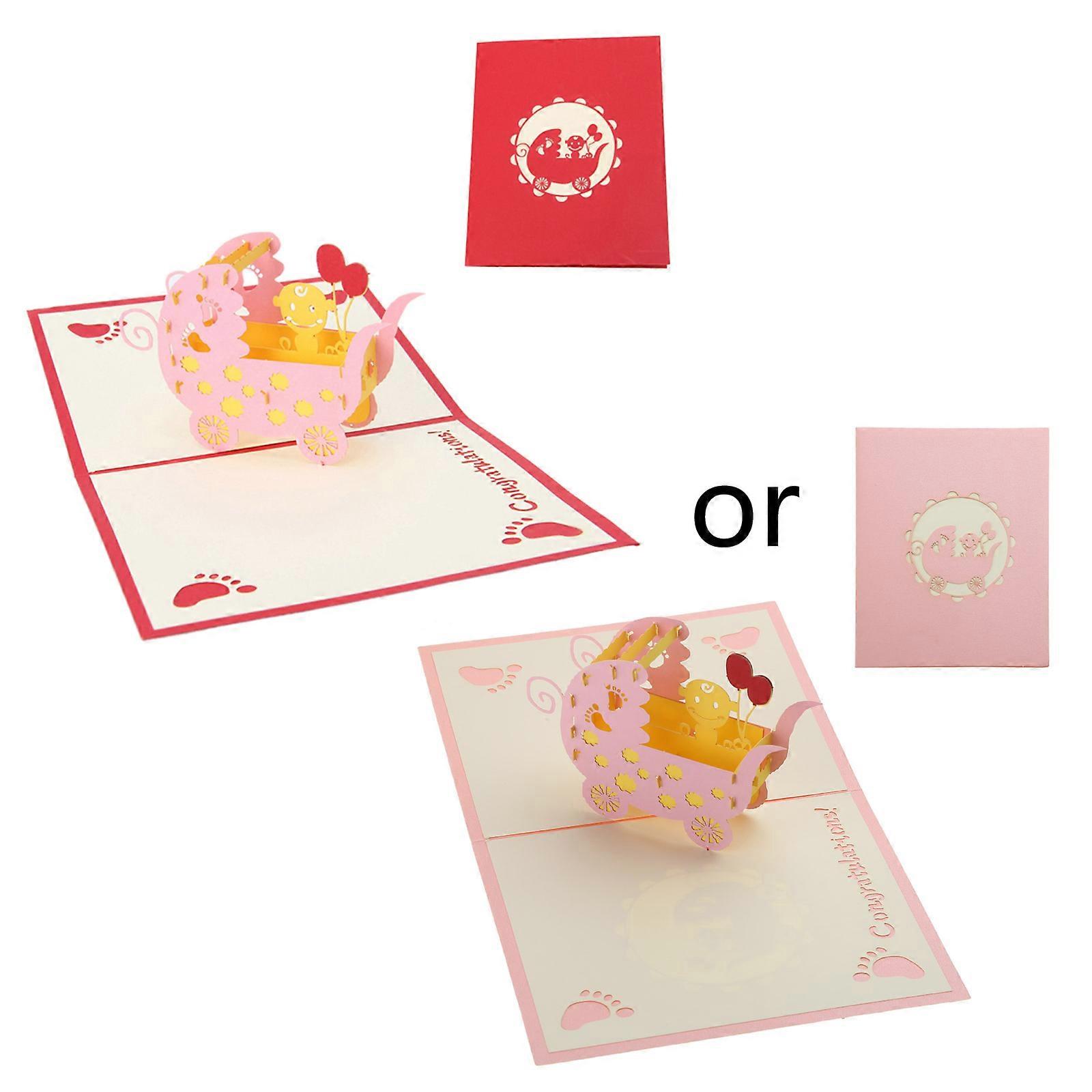 3D for Pop Up Baby Carriages Stroller Greeting Card for Congratulations Birthday Baby Shower with Envelope Invitation Gi Pink