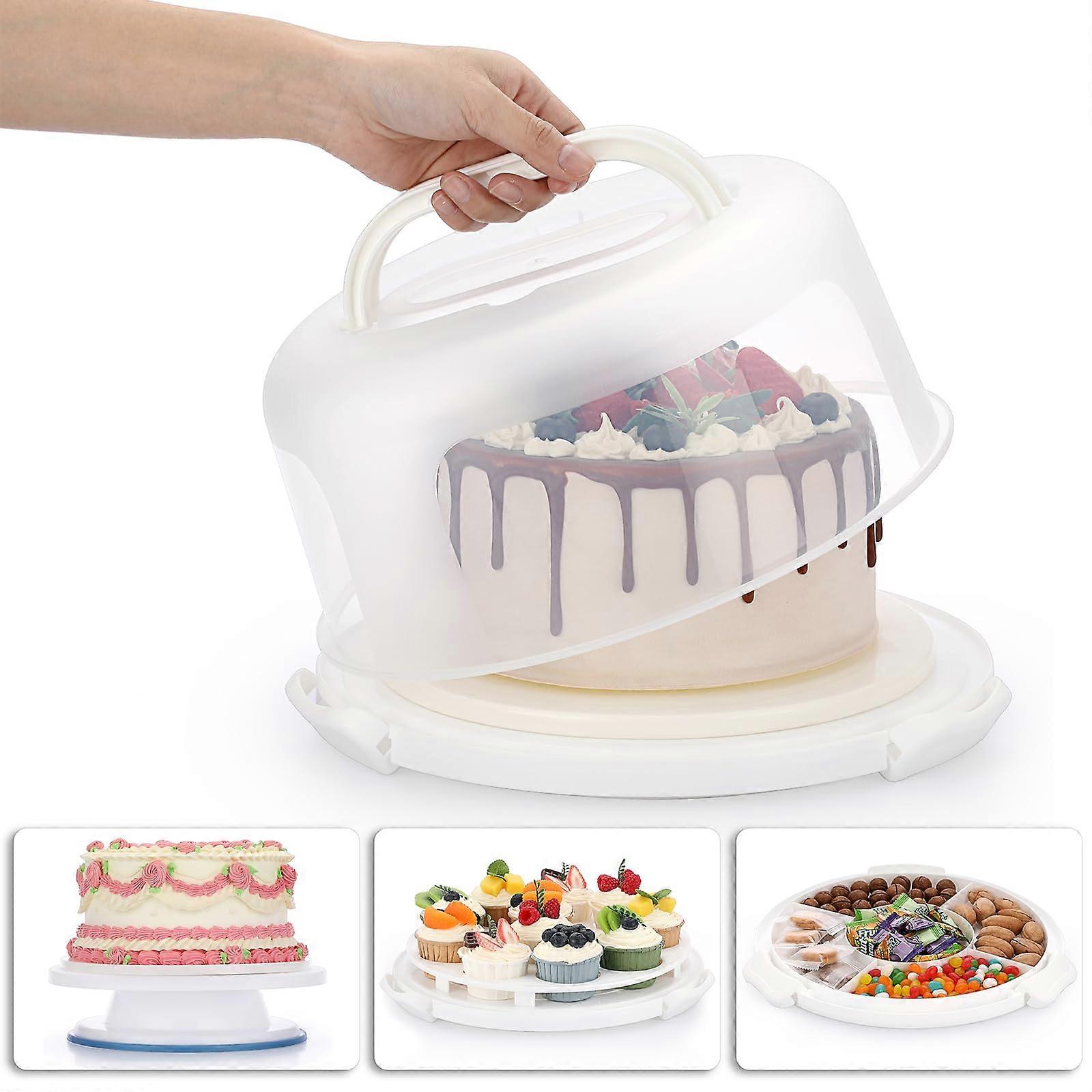 Portable Cake Carrier 10 Inch Round with Lid and Handle, Cake Turntable and Cupcake Storage Tray for Pies and Cookies, White