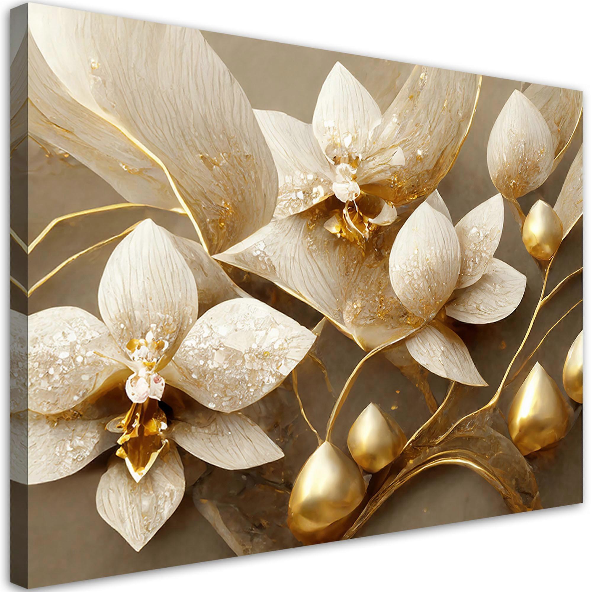 Impression sur toile, 3D Fleurs glamour or - 100x70