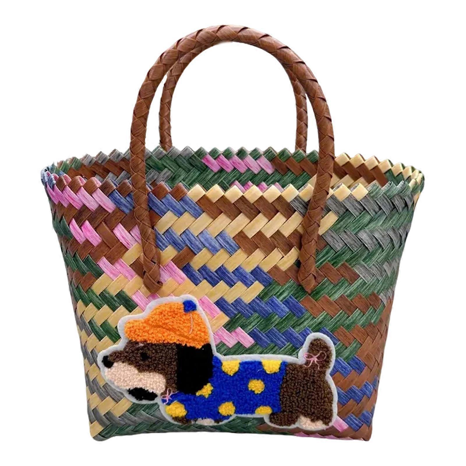 Unique Dachshund Themed Woven Bag With Retro Stripe Large Capacity Practical Handbag For Work or Daily Use Multicolor
