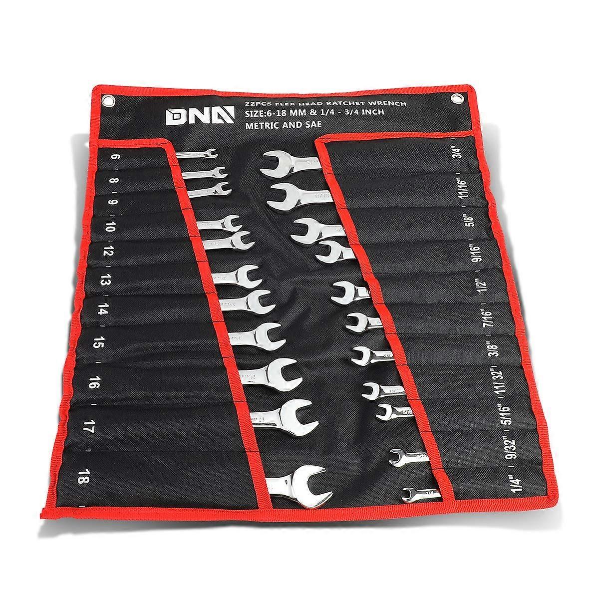 22-Piece Ratchet Wrench Set With Bag, Chrome Vanadium Steel, 72-Tooth Metric Spring-Head Tool Set, Red