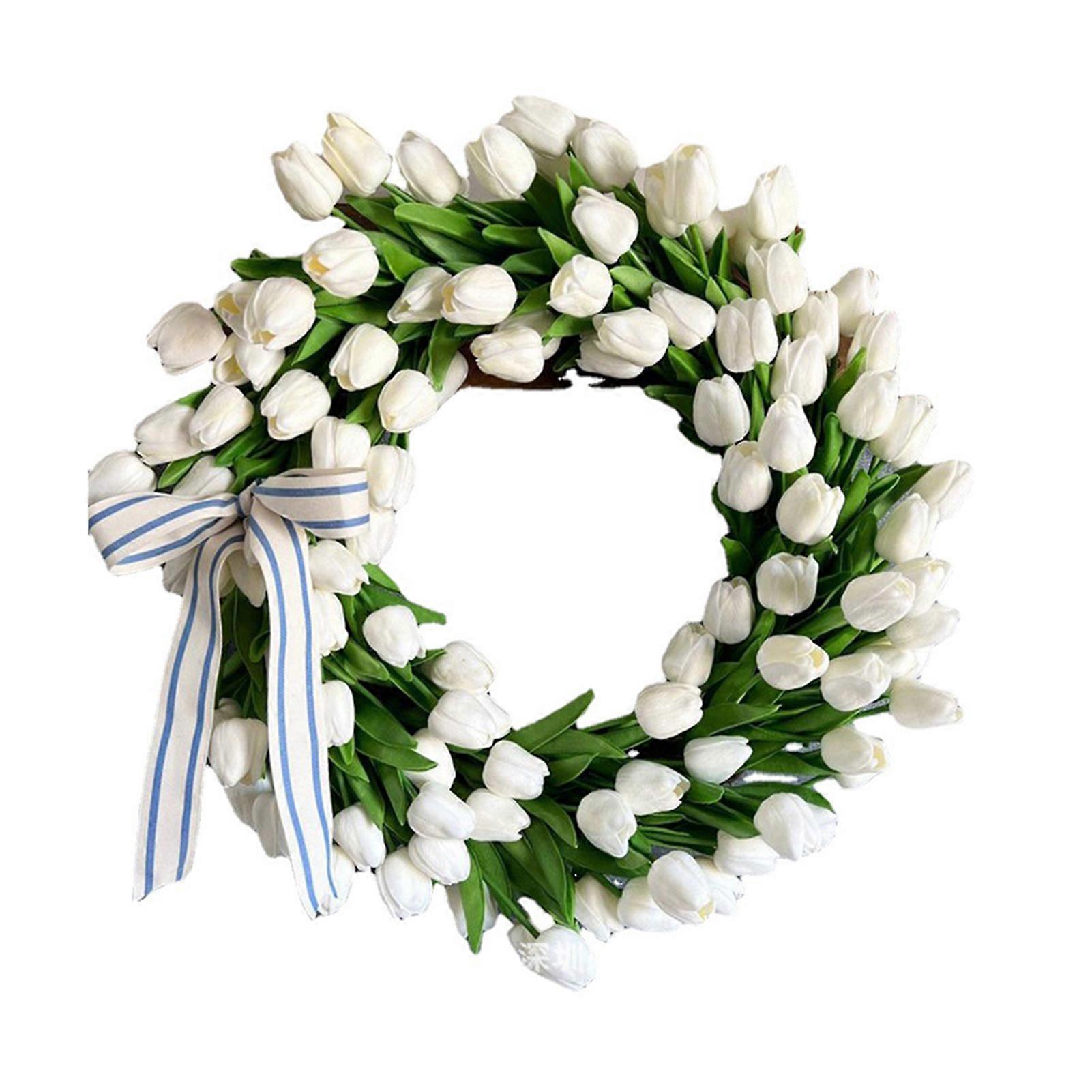 Spring Wreath Door Decor with Bow Simulation Tulip Seasonal Garland Ornament