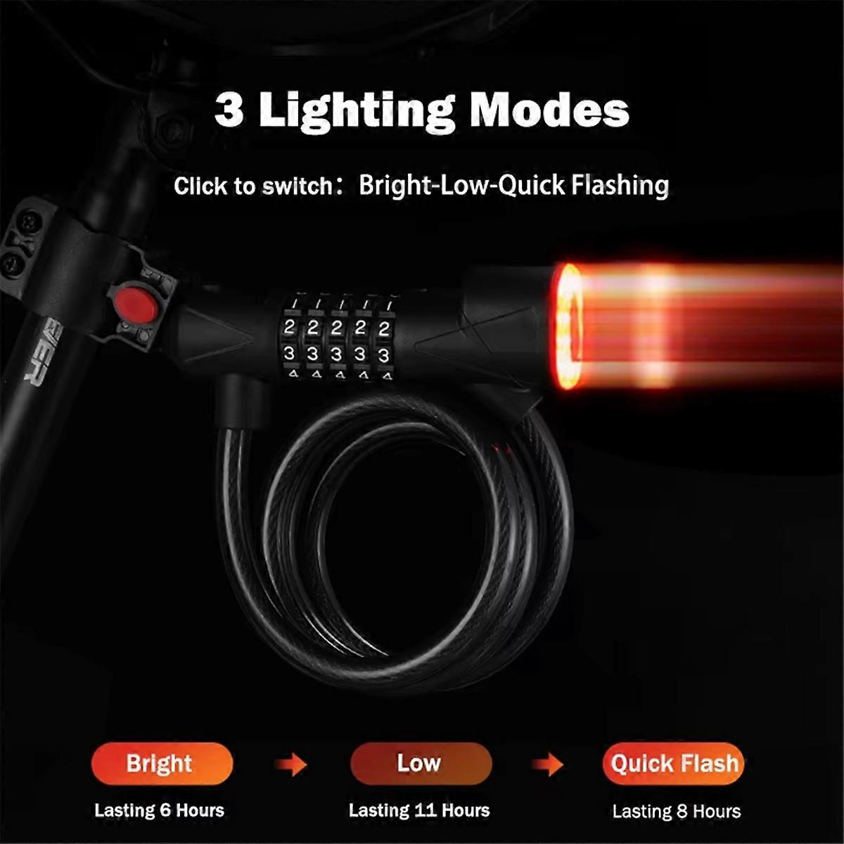 Bicycle Lock with Light 5 Digit Security Password Bike Lock Steel Cable Chain Anti-Theft Lock for Ro