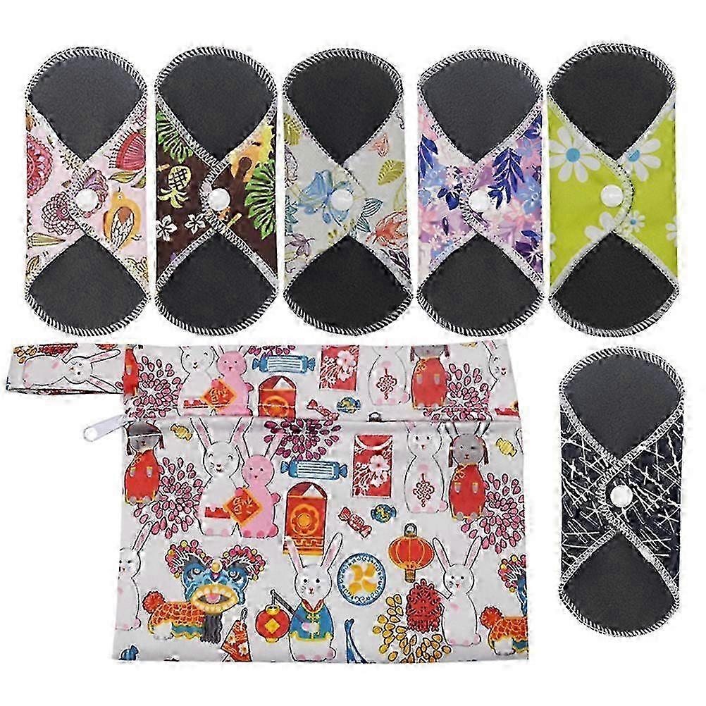 2025 1 Set Of 7pcs Reusable Pads Washable Bamboo Charcoal Sanitary Pads Panty Liners (6pcs Pads And 1pc Bag Random Pattern)