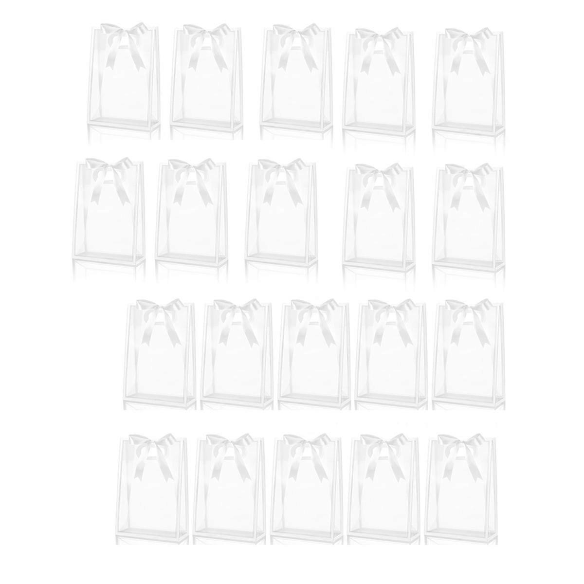 20Pcs Clear Plastic Gift Bag with Die Cut Handles Reusable Flower Candy Bag with Ribbon White