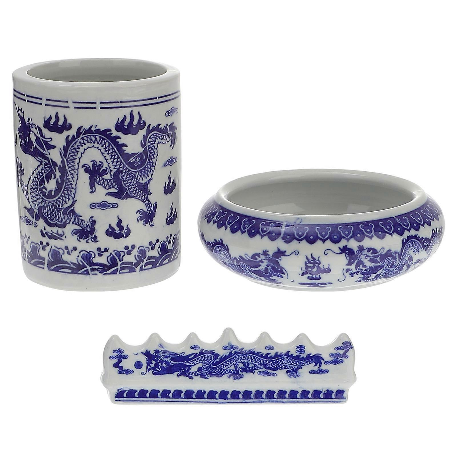 Ceramic Brush Pen Cylinder with Ink Brush Washing Jar, Chinese Style Calligraphy Pen Holder and Writing Tools Set