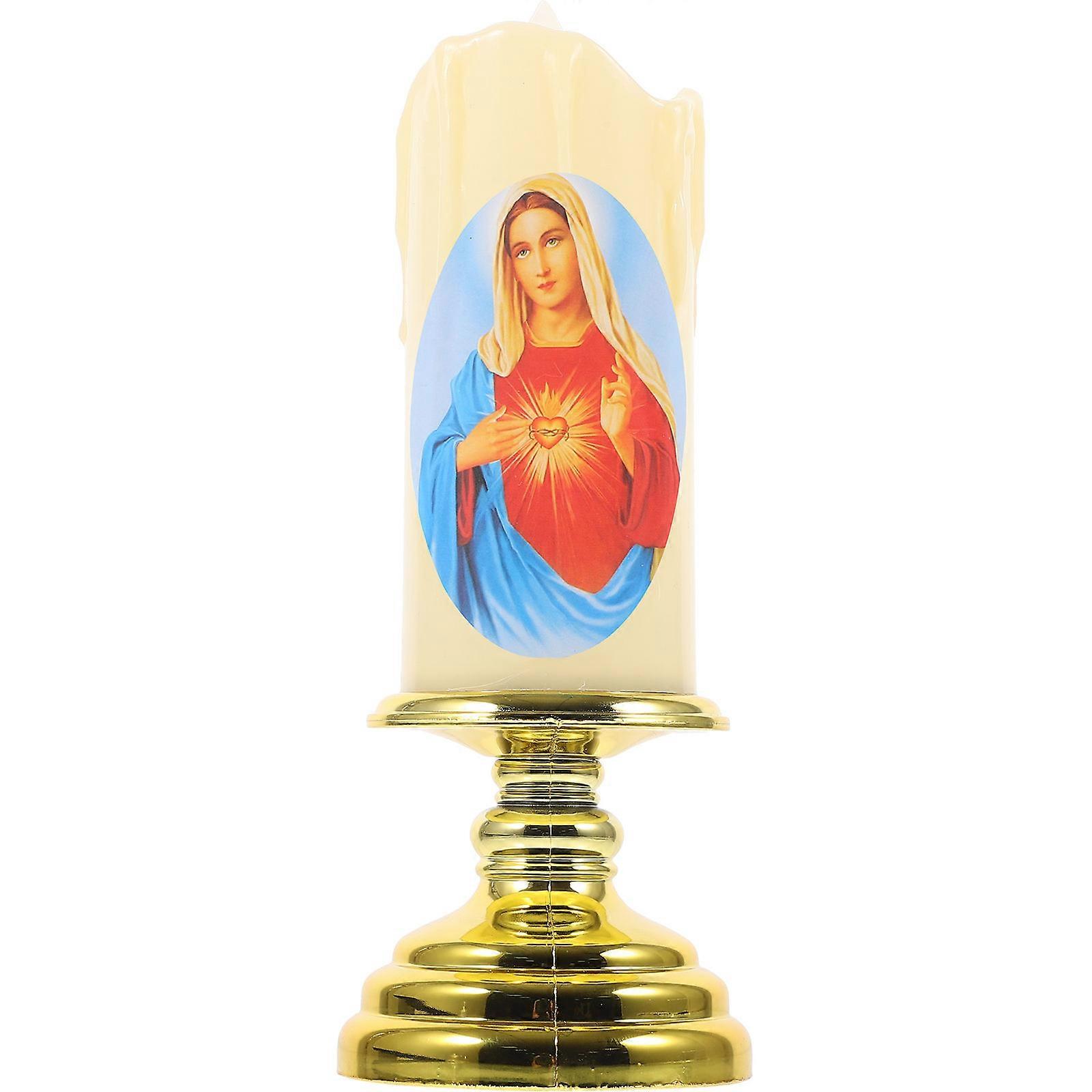 Flameless LED Prayer Candle with Mary Design, Battery Operated Transparent Glass Religious Taper for Home and Church Decoration