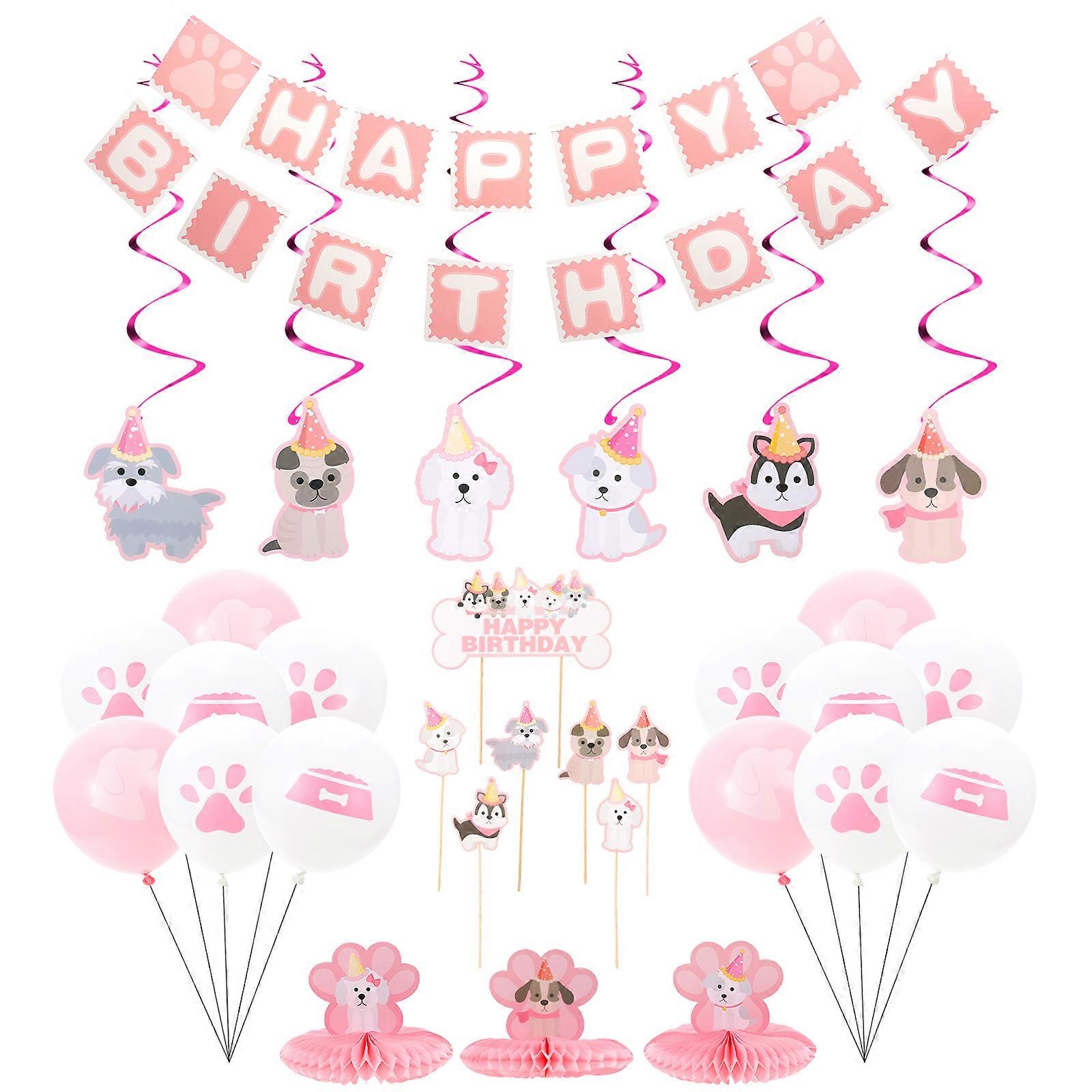 Dog Themed Birthday Party Decorations Set Pink Color Paper Latex Balloons For Pet Dog Birthday Celebration 1Set