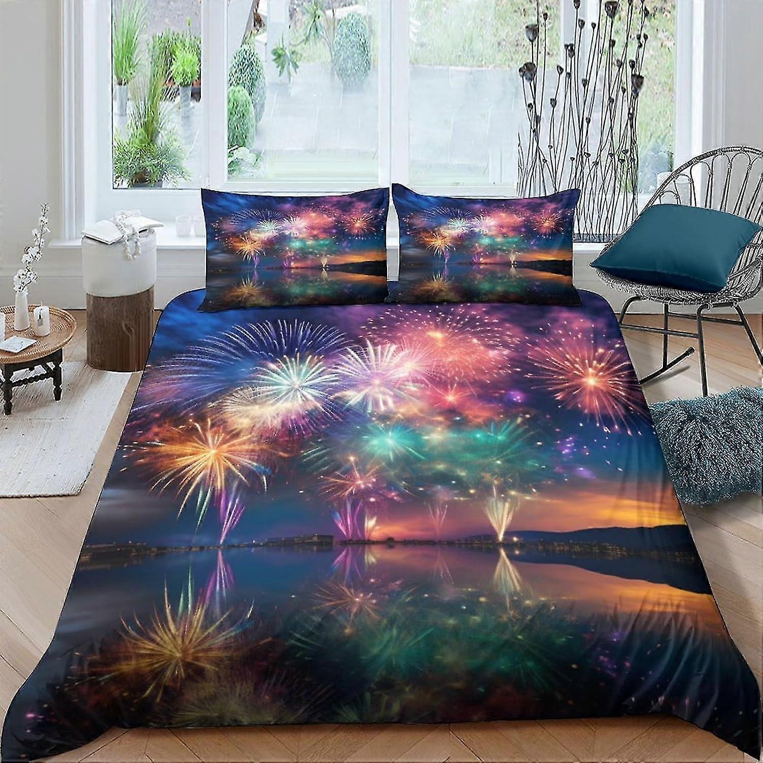 Colorful 3D Printed Fireworks Bedding Set Duvet Cover Set for Kids and Teens with Zipper Closure, 3 Pieces