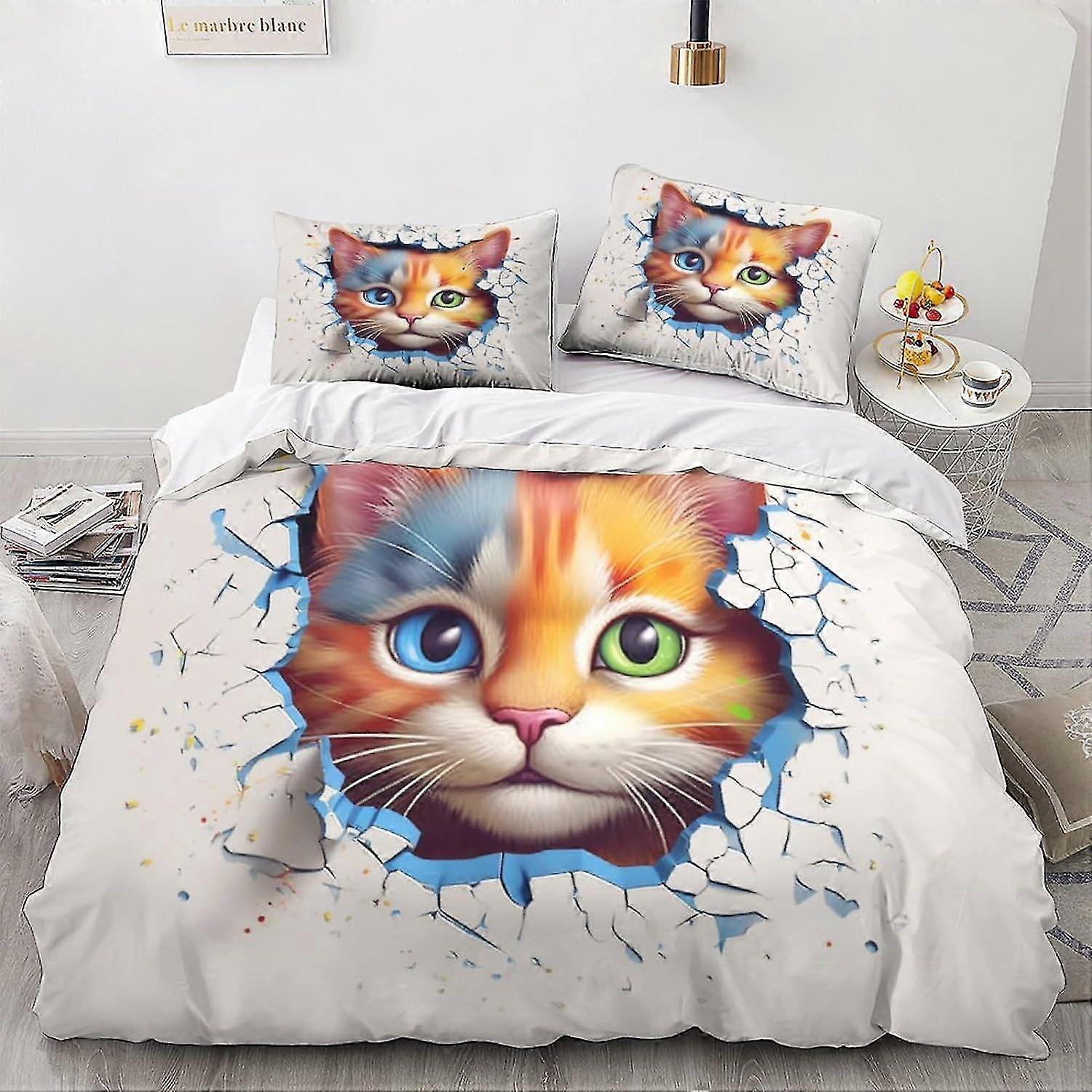 Animal Printed Bedding Set Soft Microfiber Cute Kitty Quilt Cover with Zipper Closure Double
