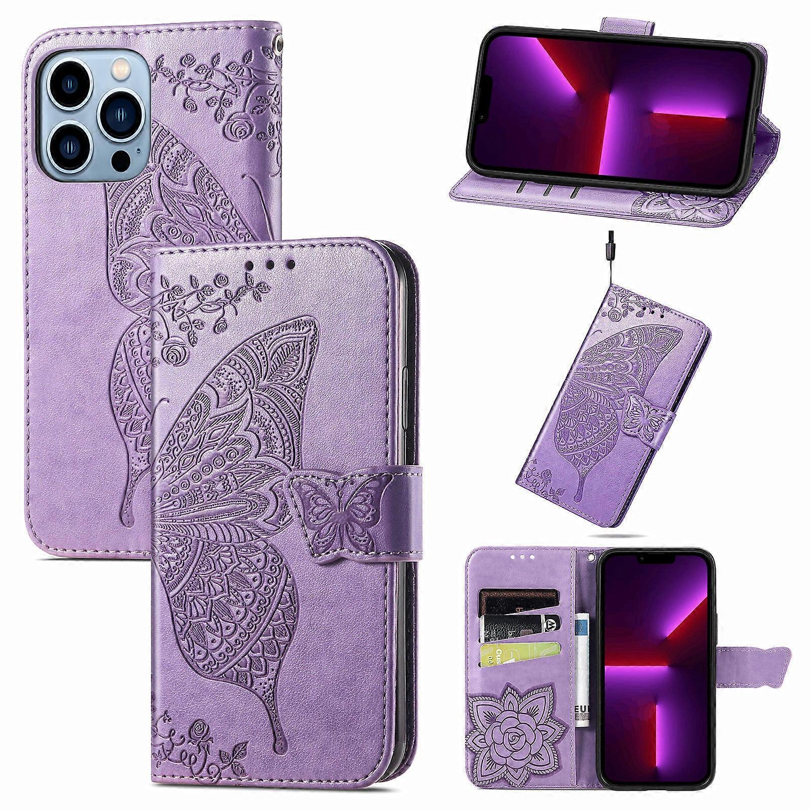 Case For Iphone 14 Light Purple Embossed Butterfly Flip Leather Protects Card Slot And Prevents Fall Cc10887