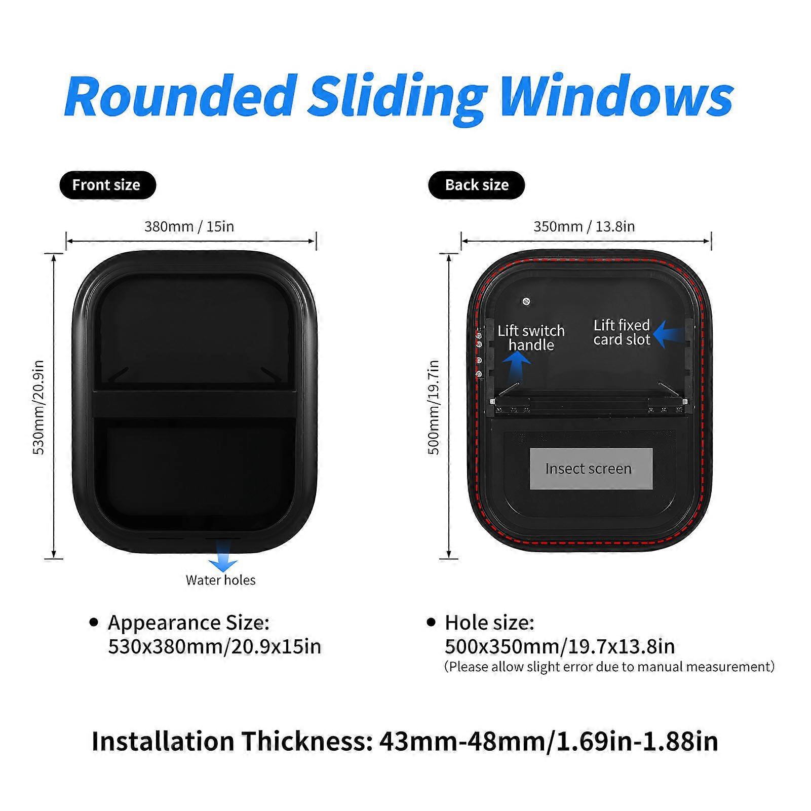 500x350mm RV Rounded Vertical Sliding Windows Tempered Glass Horizontal Sliding Glass Replacement with Trim Insect Screen for 43‑48mm Wall Thickness