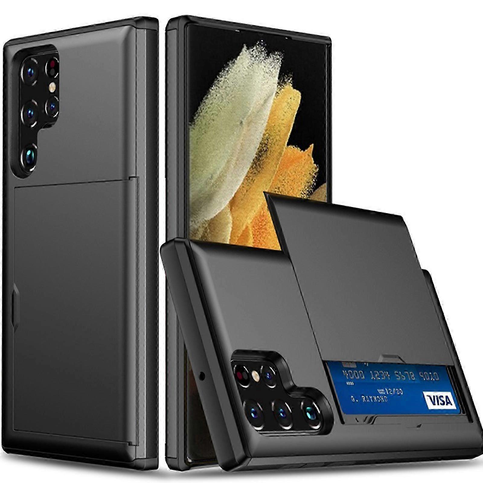 محفظة S24 Ultra Case مع حامل بطاقة ائتمان ، فتحة بطاقة مقاومة للصدمات PC TPU جراب هاتف منزلق فليب غطاء واقي لسامسونج جالاكسي S24 Ultra