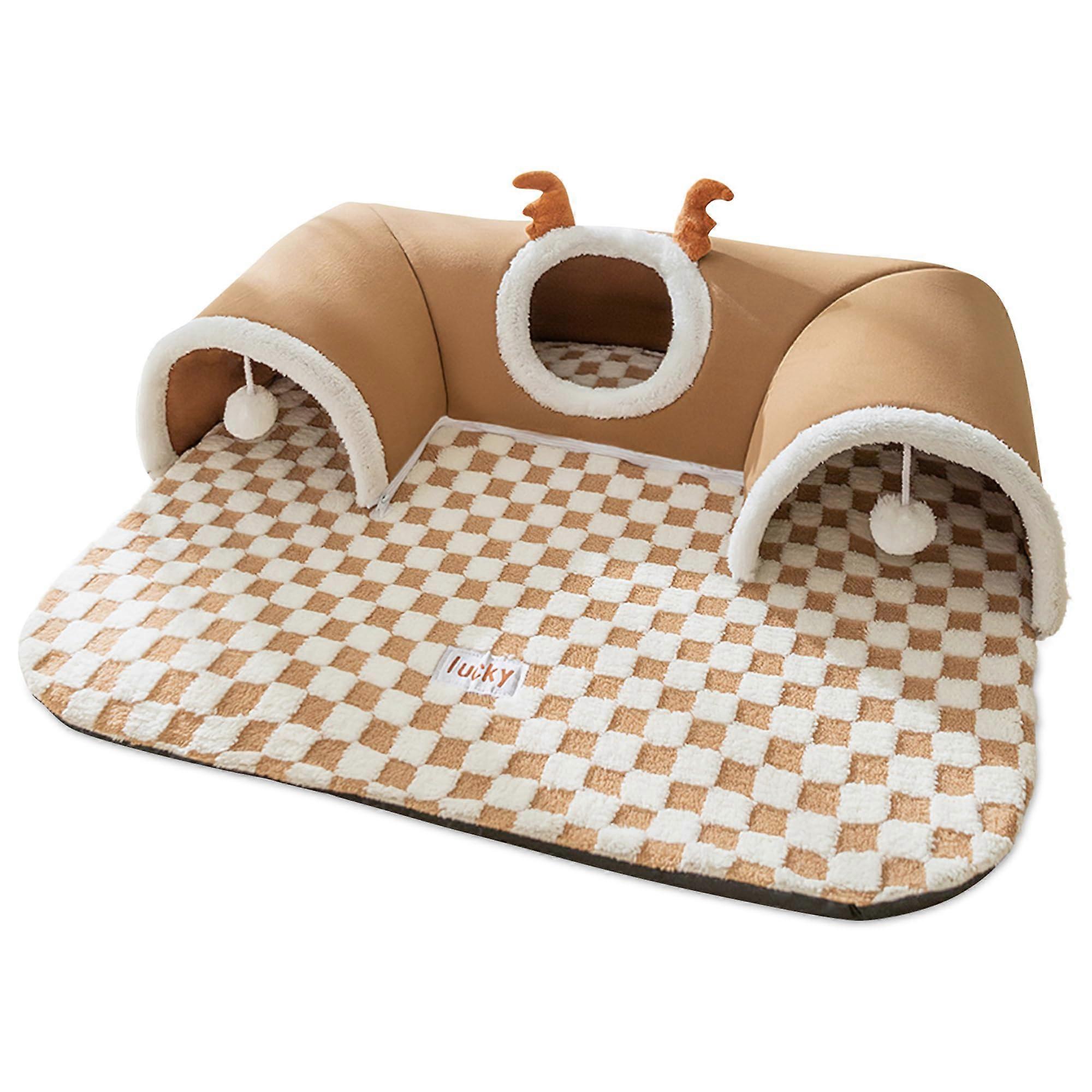 Cat Tunnel Bed Foldable Play Tunnel Non-Slip Base Hanging Toy Brown Deer M For Small Medium Large Cats & Rabbits