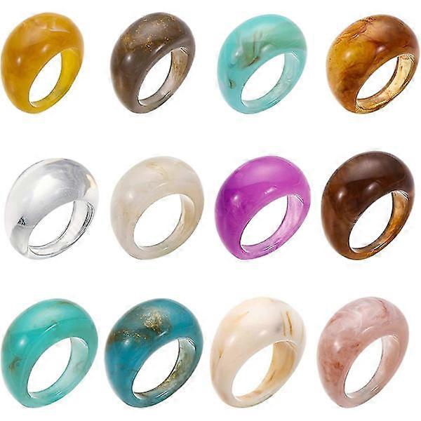 12 pieces vintage acrylic rings in resin with diamond, colorful rings for index finger, cute rings in transparent plastic resin
