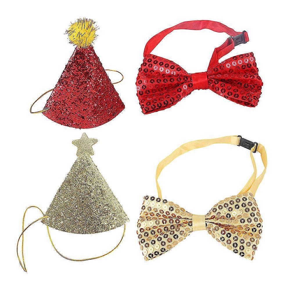 Pet Birthday Party Hat and Bow Tie Set with Glitter Sequins Decorations – Festive Pet Supplies for Dogs and Cats, Comfortable Collar Design, Random