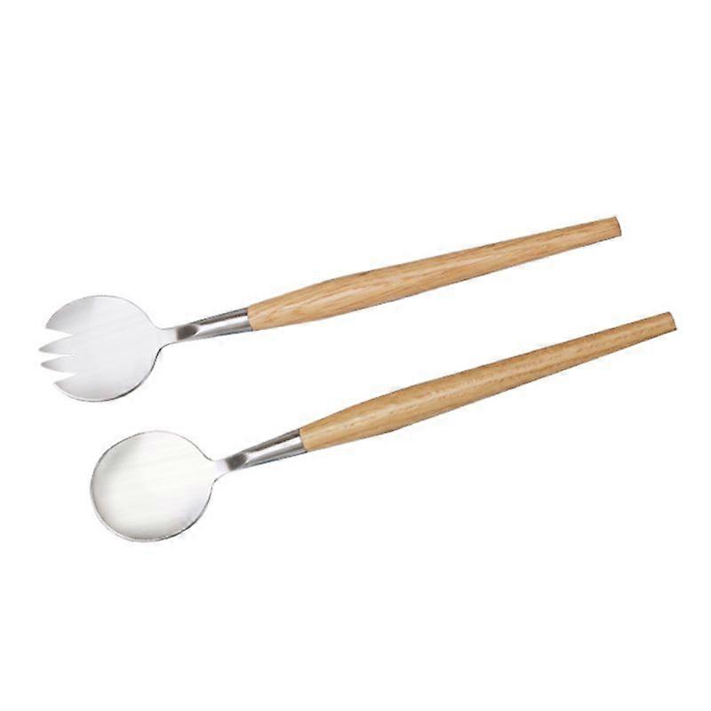 2 pcs. Salad Spoon Fork with Long Wooden Stainless Steel Handle Set Dessert Fruit Tableware for Kitchen Tool