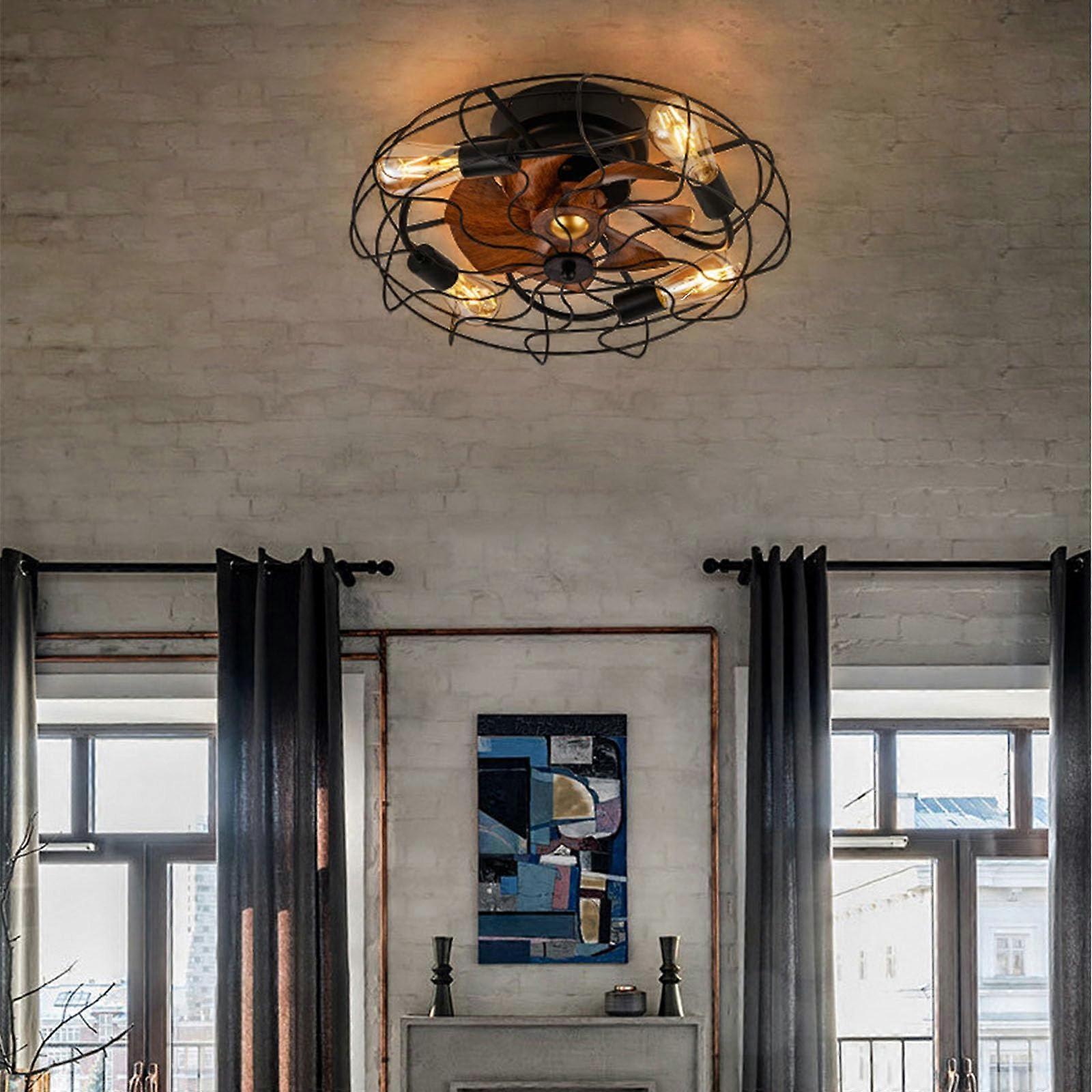 Caged Ceiling Fan Retro Metal Light Fixture with Remote Control Timer 3 Speed Reversible Small Industrial Fan E27 Base