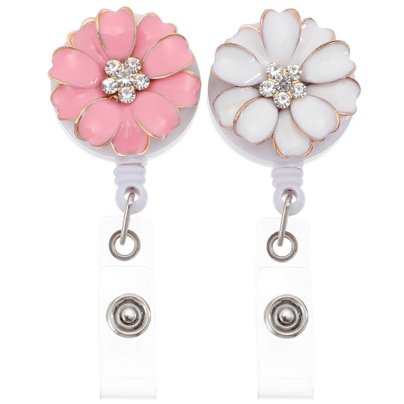 Flower Rhinestone Badge Clip Retractable Badge Holder for Fixing Use 2Pcs