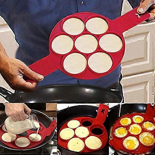 Pancake Molds Silicone Baking Mould, Round 7Hole Egg Ring, Nonstick, Red, Egg Pastry Muffin Maker