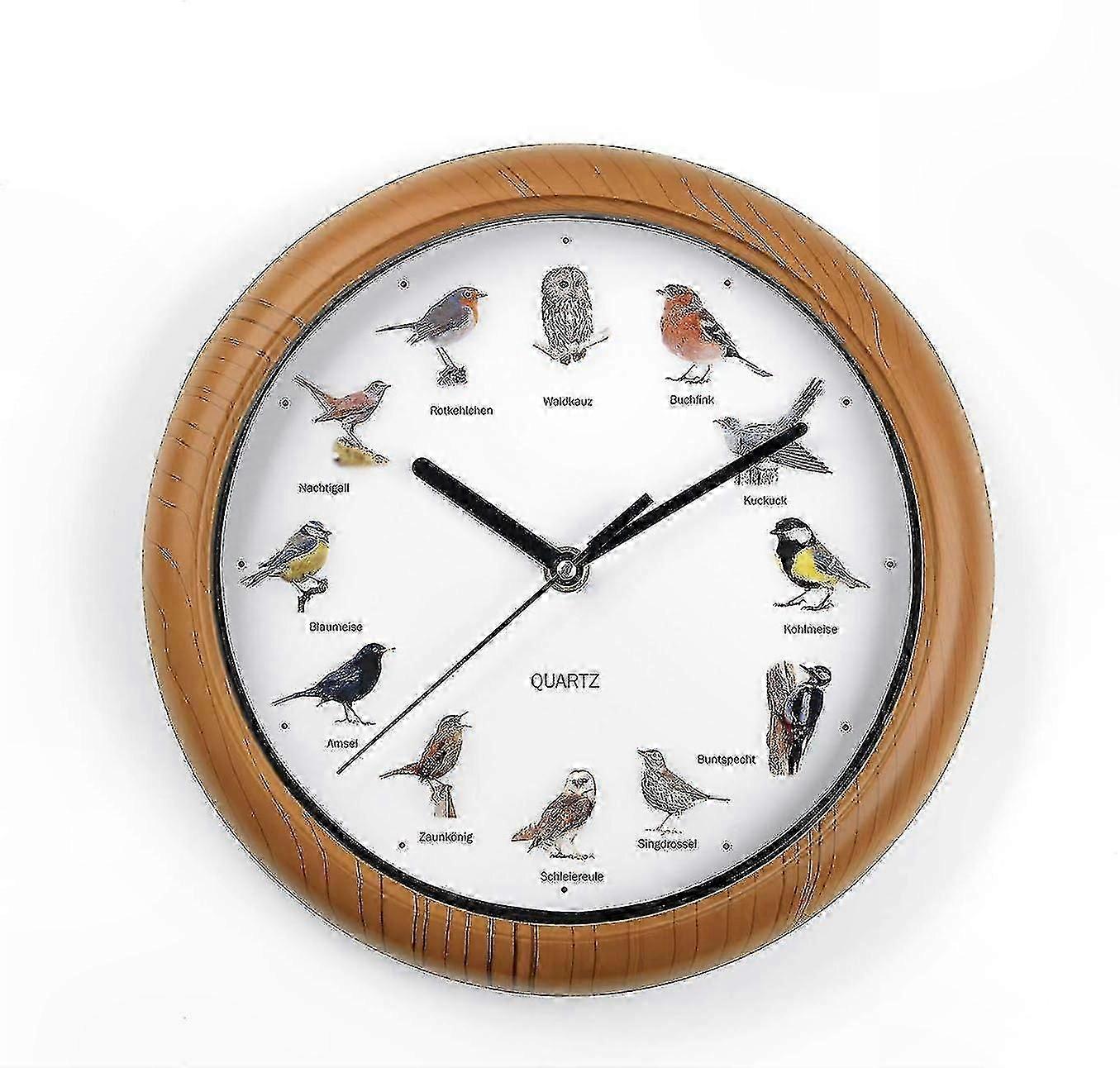 Wooden Wall Clock with 12 Bird Songs and Realistic Patterns, Auto Shut Off Feature Between 9-5 P.M., Requires AA Batteries (25 x 4 cm)