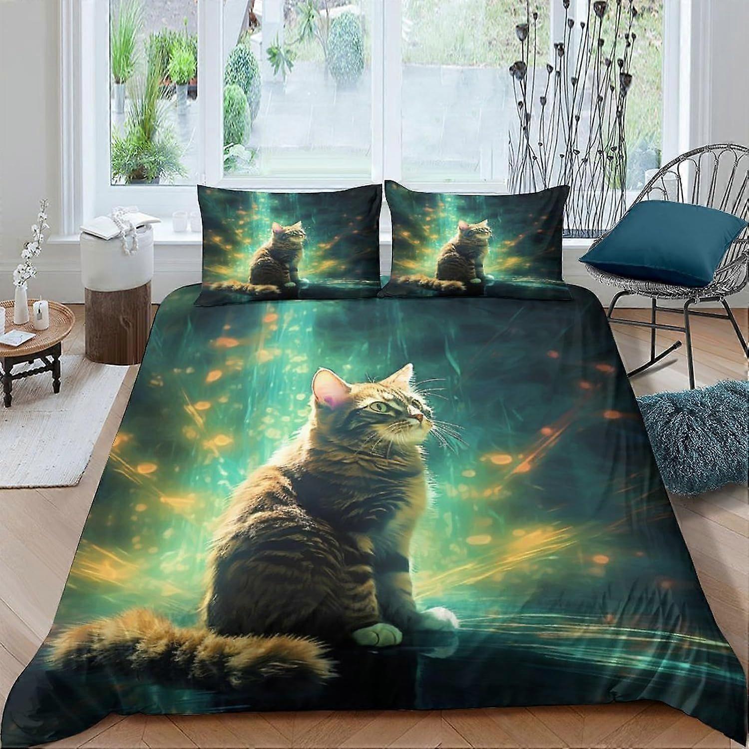 t404 Cat Duvet Cover Set 3D Bedding Sets Microfibre Quilt Cover with Zipper Closure 3 Piece Set Comforter Cover Double k404