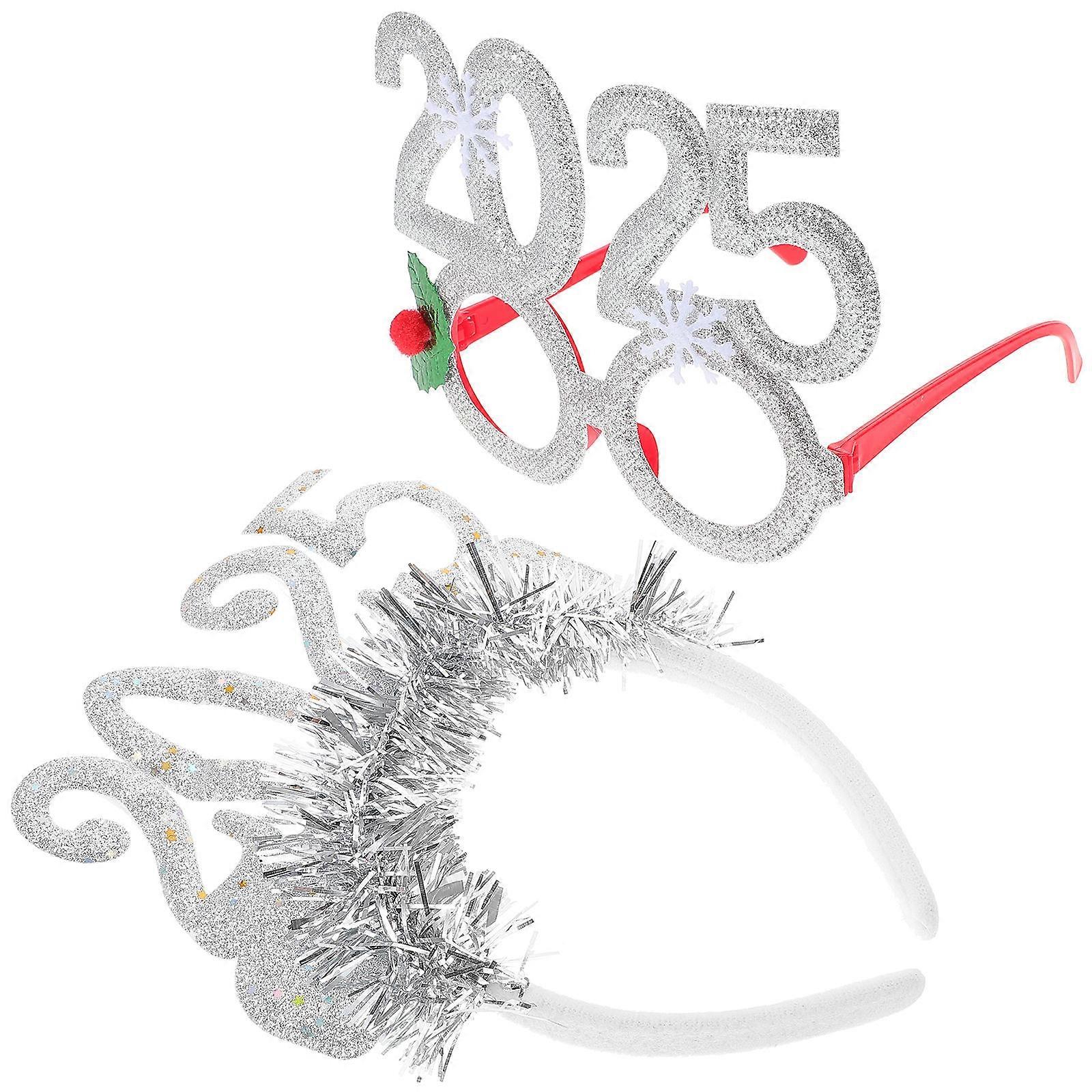 2025 New Year Headband for Decoration 2Sets Eyeglass and Hairband Silver