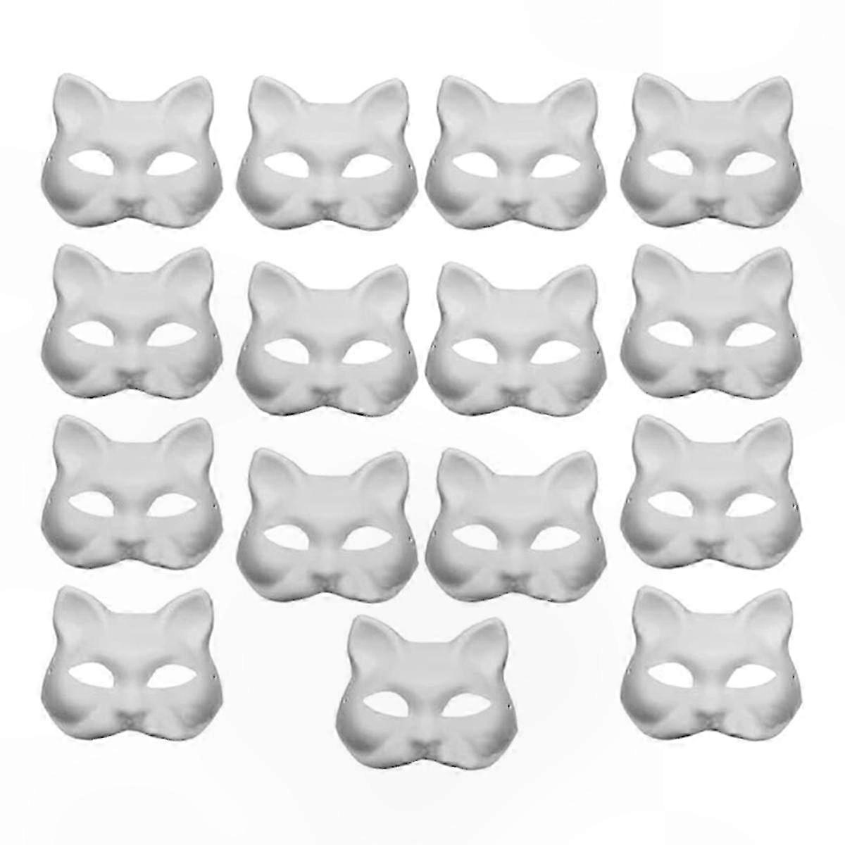 15-Pack White Paper Cat Masks with Acrylic Paints - DIY Hand-Painted Customizable Masks for Dance Parties and Crafts