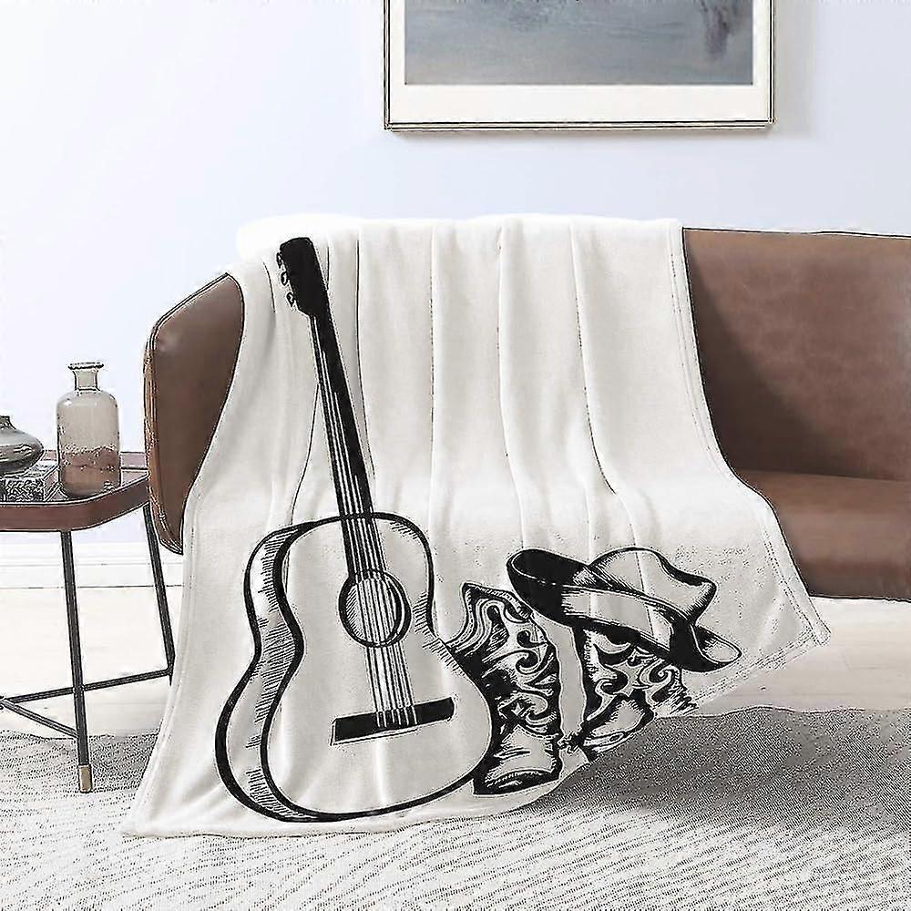Filt flanellfiltar, western, countrymusiktema med cowboyhatt och gitarr skisskonst, plädar för soffa fluffig filt sängpläd F sovrum, soffa, b
