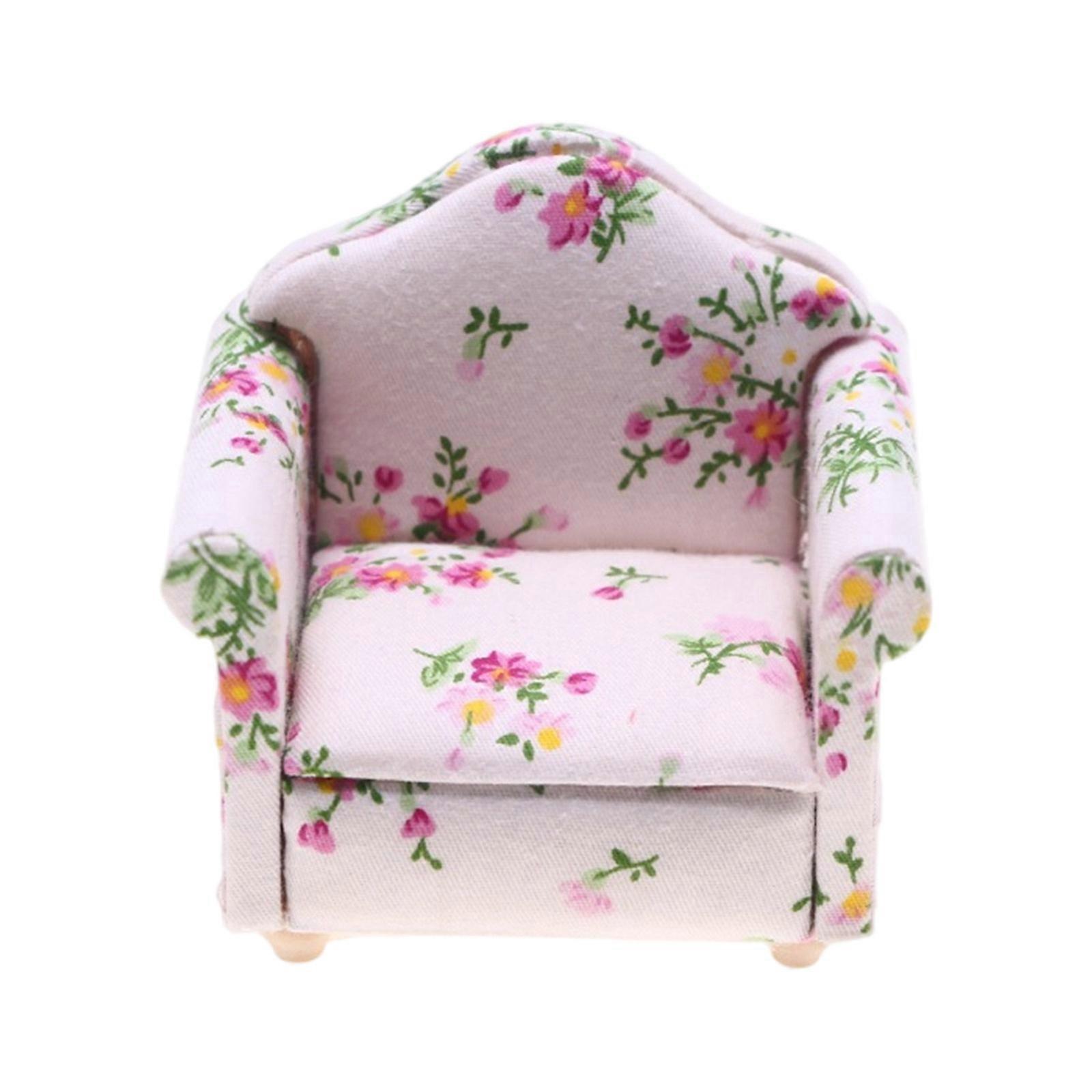 Doll House Wood Single Couch Figure With Flower Print Pattern Miniature Furniture Scene Display Accessory for Collector Multicolor