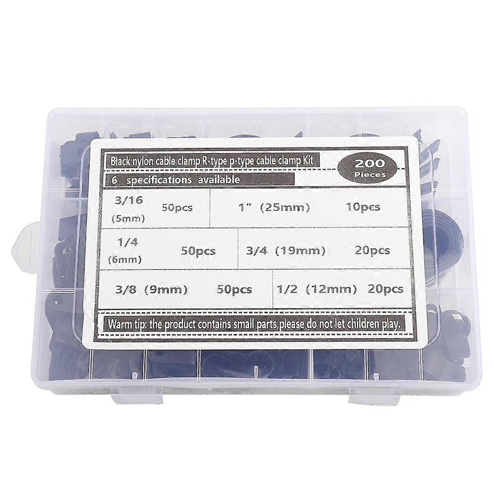 200pcs Plastic Nylon Cable Clamp R Type P Type Wire Clip Fasteners Assorted Box(Black )