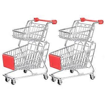 2pcs Mini Two-tier Shopping Cart  Desktop Supermarket Trolley Mini Handcart Props