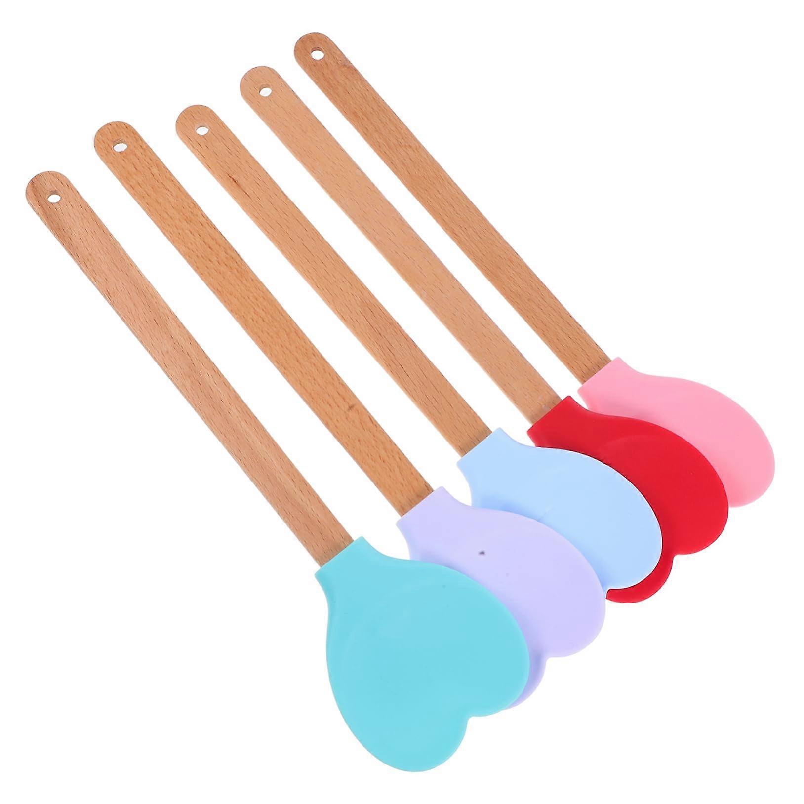Silicone Heart Shaped Baking Spatula Set of 5 with Long Handle for Mixing and Serving in Kitchen