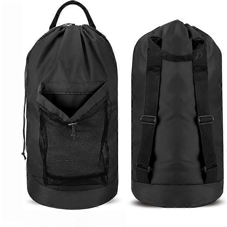 Laundry Backpack with Extra Thick Oxford Fabric, Drawstring Closure, Shoulder Straps and Mesh Pockets (Black)