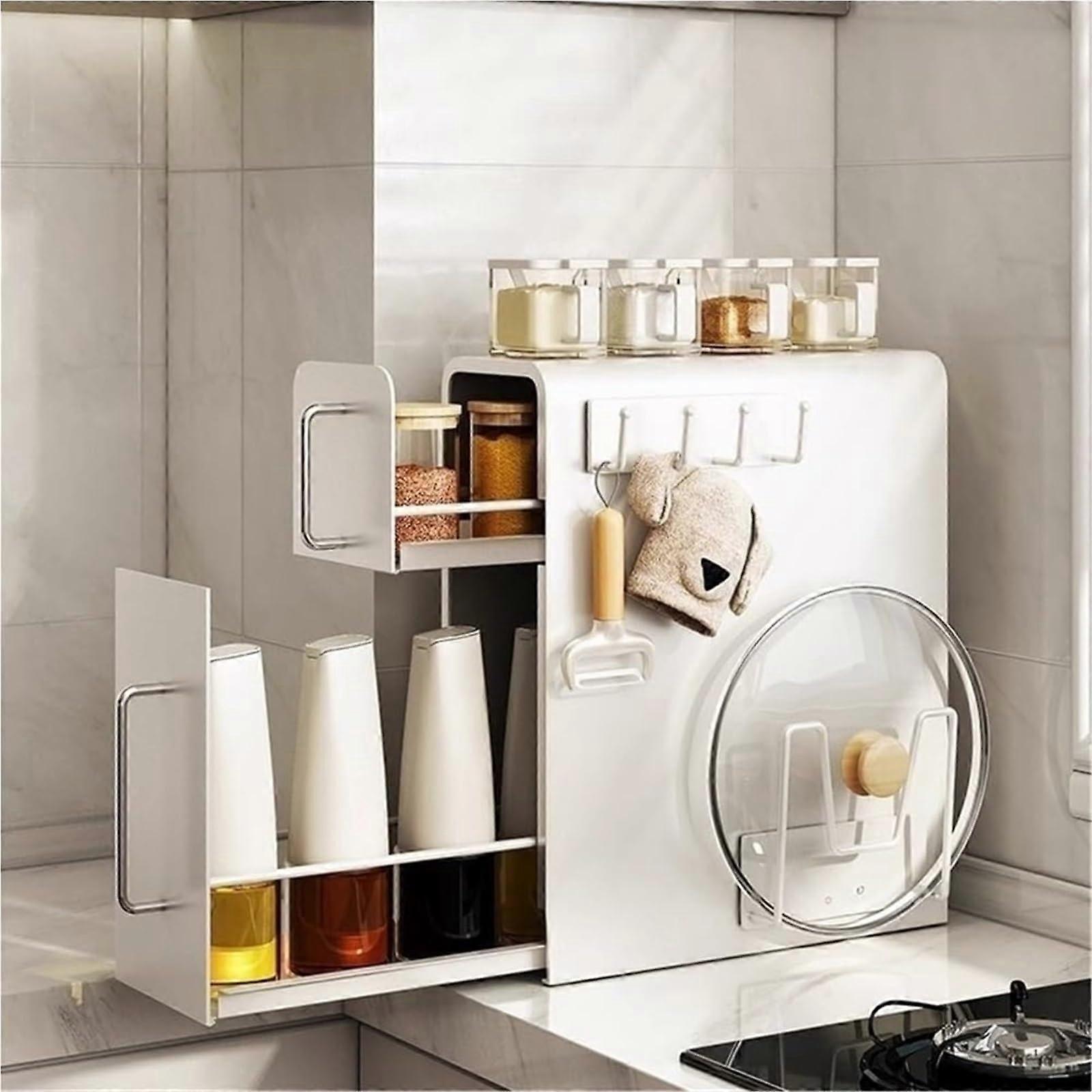 Expandable 2Tier Carbon Steel Spice Rack with Hooks and Lid Holder for Kitchen Countertop Organizer