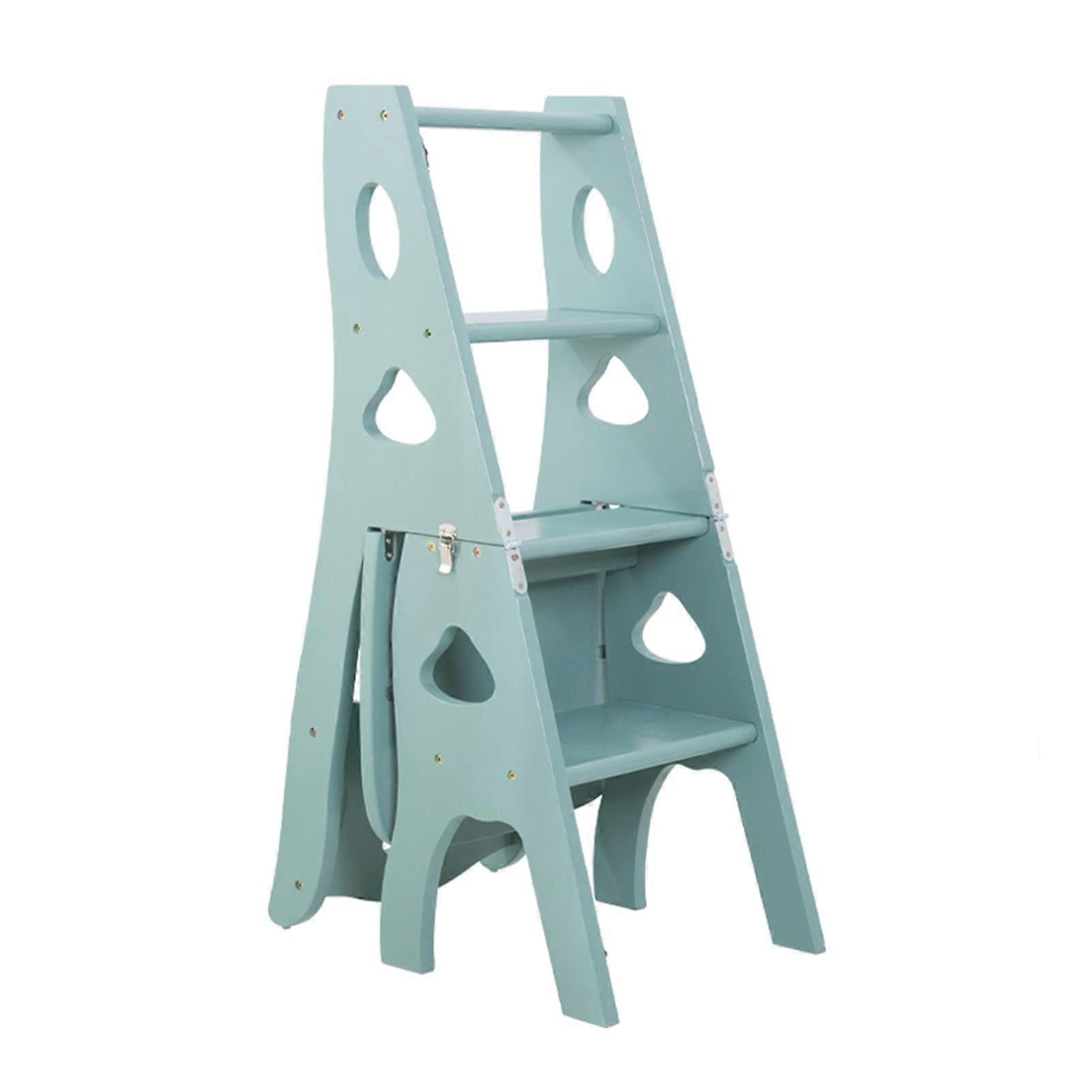 Wooden Folding Ladder Chair 4 Step Multifunctional Stool with Display Shelves for Home Kitchen