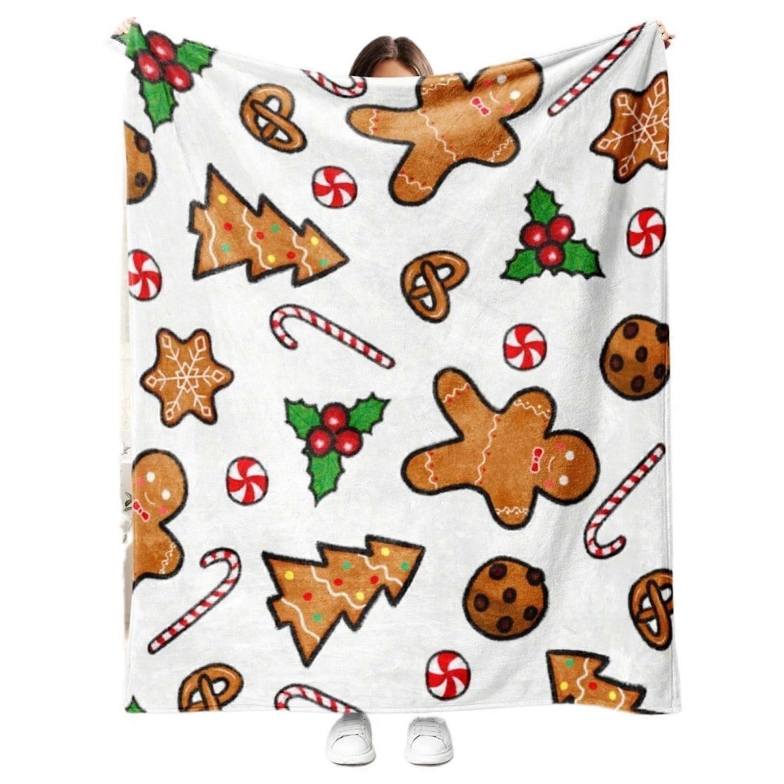 Christmas Throw Blanket with Festive Gingerbread Pattern Soft Warm 130x150cm for Sofa Bed