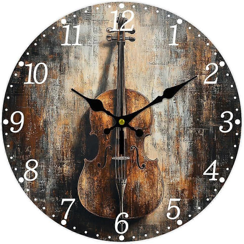 Musical Instruments Wall Clock Cello Non-Ticking Clock 12 Inch Retro Style Round Decorative Clocks Printed Wall Clock for Home Office Decoration